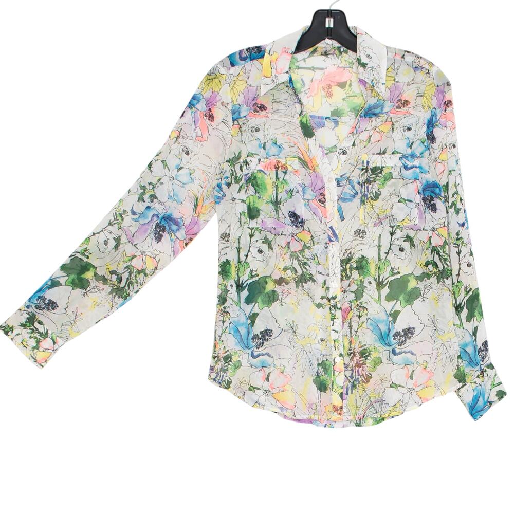 Express Portofino Button Up Shirt Sheer Floral Botanical Watercolor Spring Top S - Picture 2 of 10